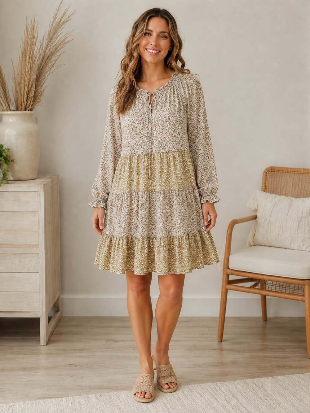 Orange Creek Floral Tiered Dress Small Long Sleeve Boho Cottagecore Beige
